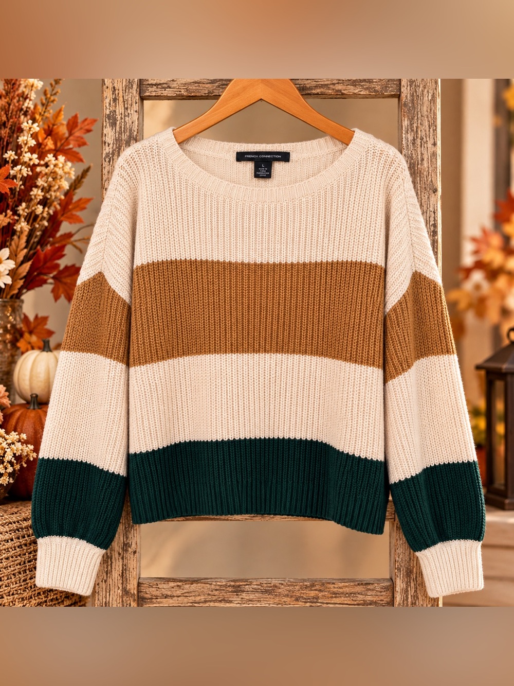 French Connection Pink/Cream, Tan & Green Striped Women's Sweater 100% cotton